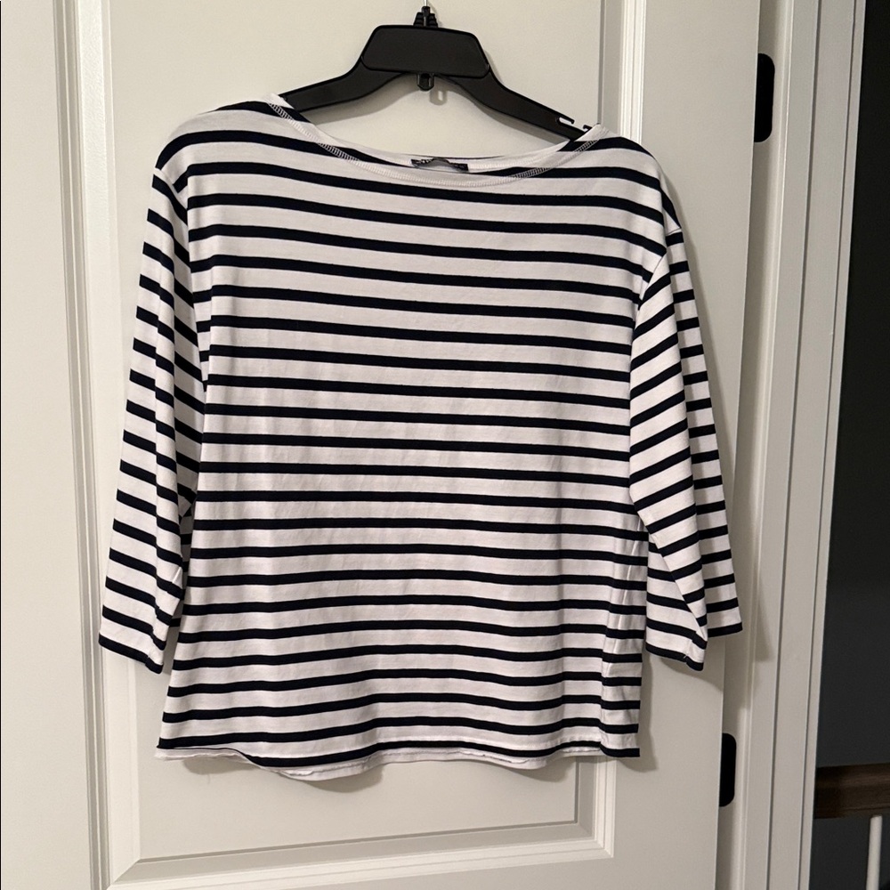 Zara Navy and White Striped 3/4 Sleeve Top